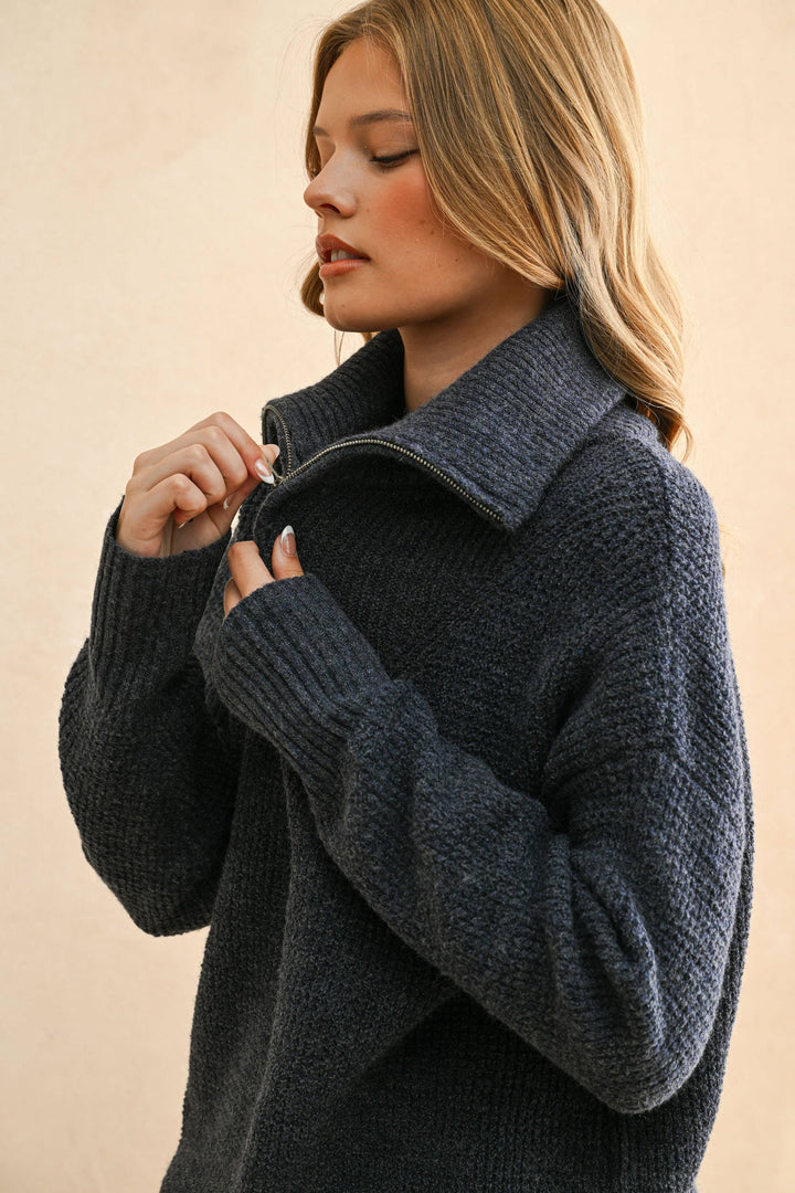 Waffle Pattern Half Zip Sweater