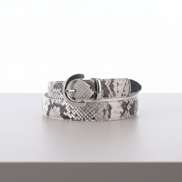 Snake pattern belt with silver buckle on a white background