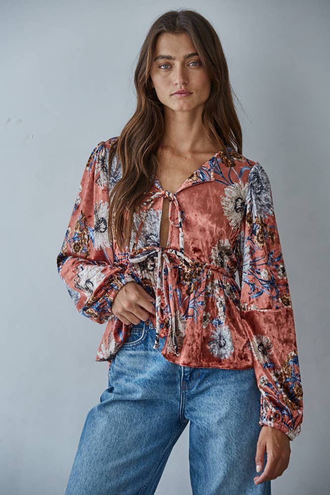 Velvet Floral Print Blouse