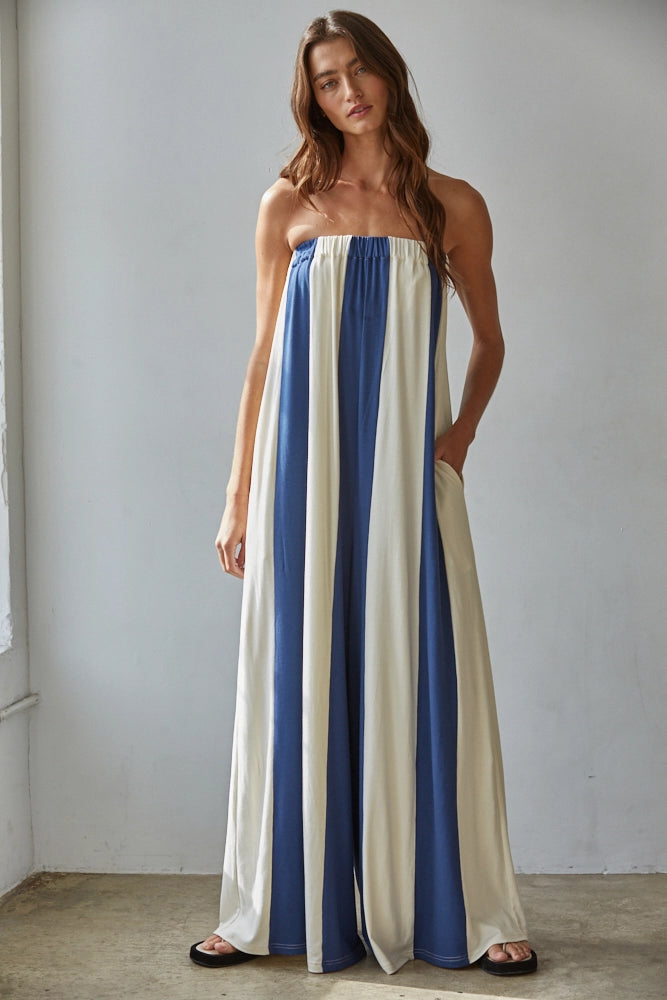 Striped Strapless Wide Leg Jumpsuit