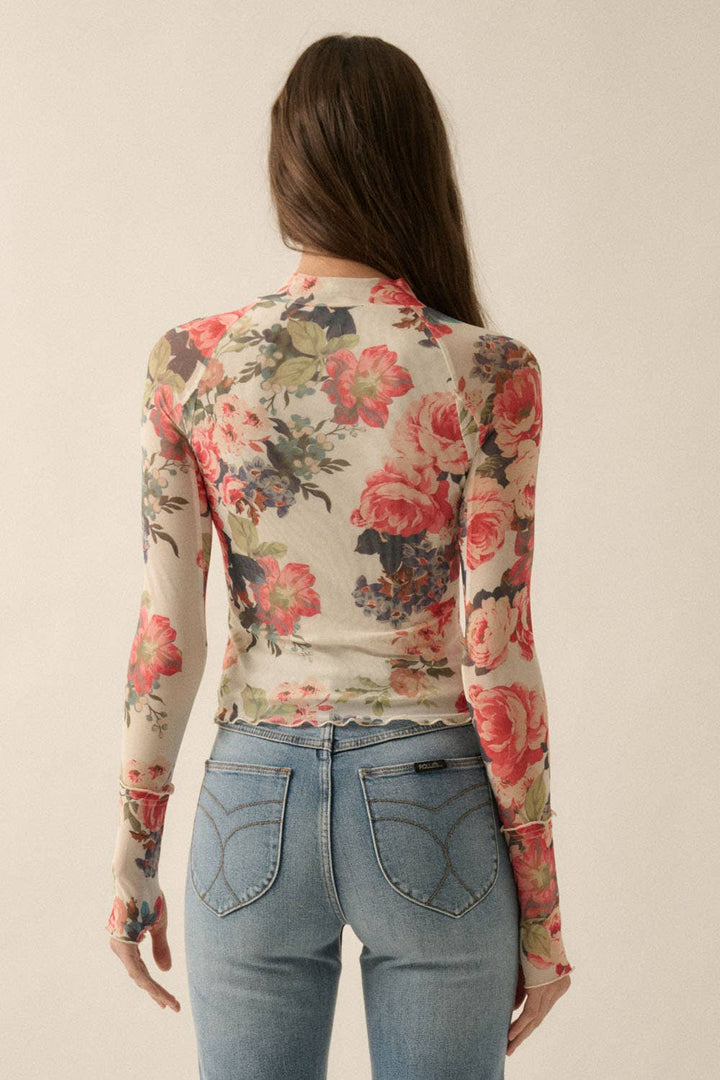 Floral-Print Mesh Mock-Neck Top
