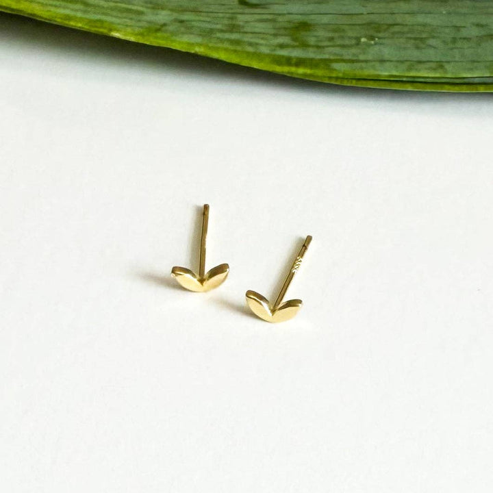 Gold heart-shaped earrings on a white background with a green leaf