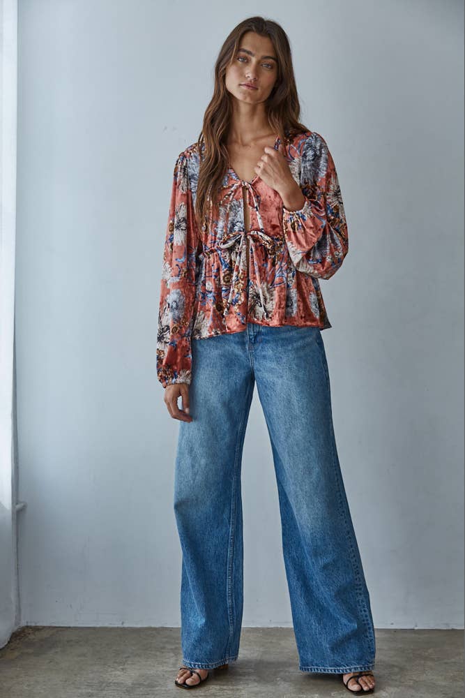 Velvet Floral Print Blouse