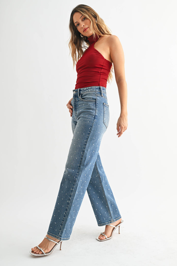 High Rise Rhinestone Vintage Straight Jeans