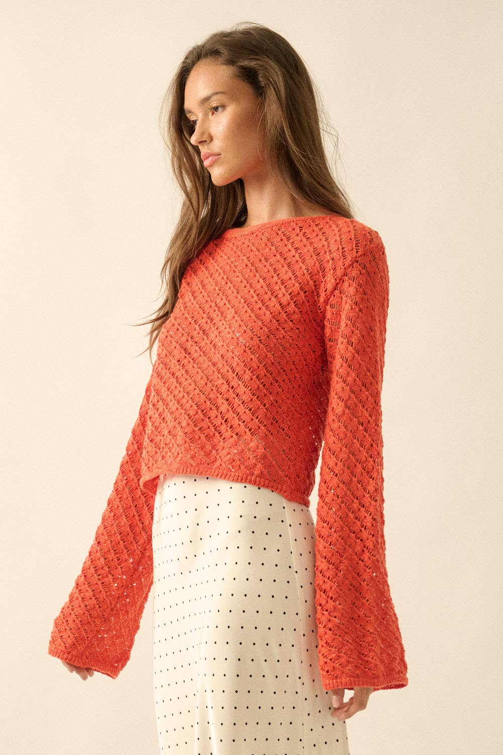 Cropped Crochet Bell Sleeve Sweater