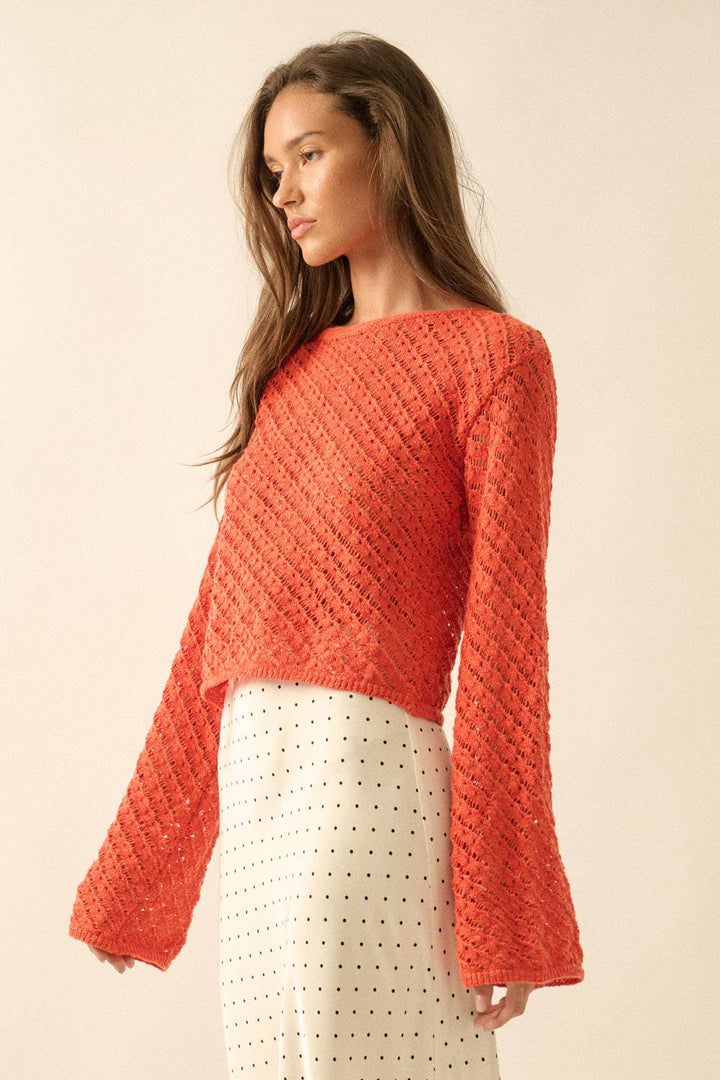 Cropped Crochet Bell Sleeve Sweater
