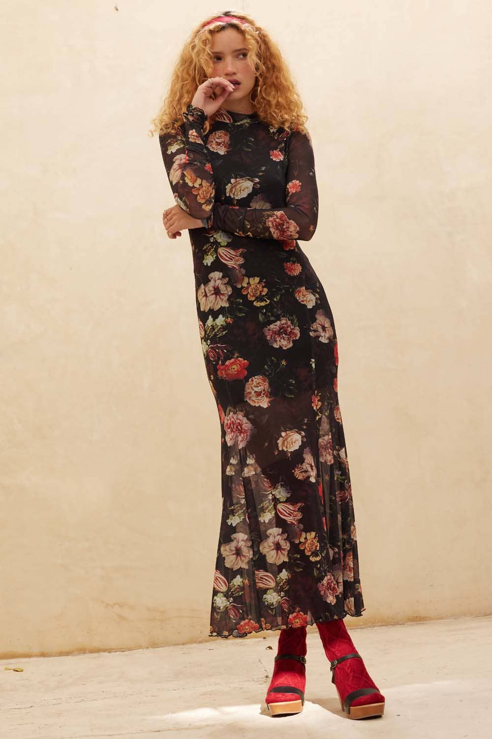 Floral Mesh Mock-Neck Maxi Dress