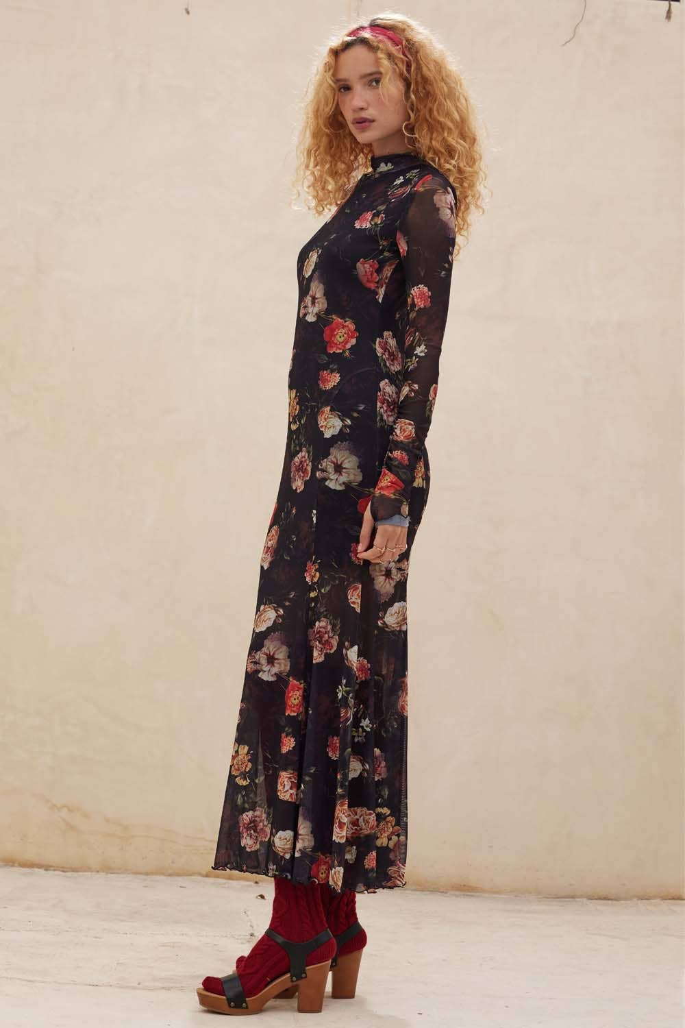 Floral Mesh Mock-Neck Maxi Dress