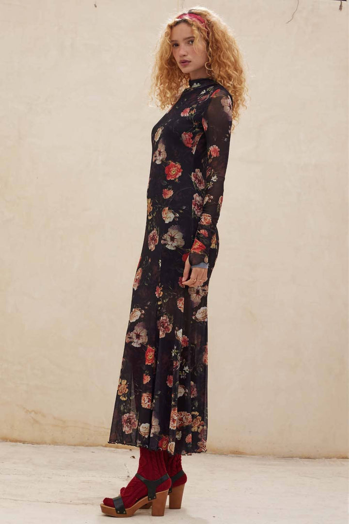 Floral Mesh Mock-Neck Maxi Dress
