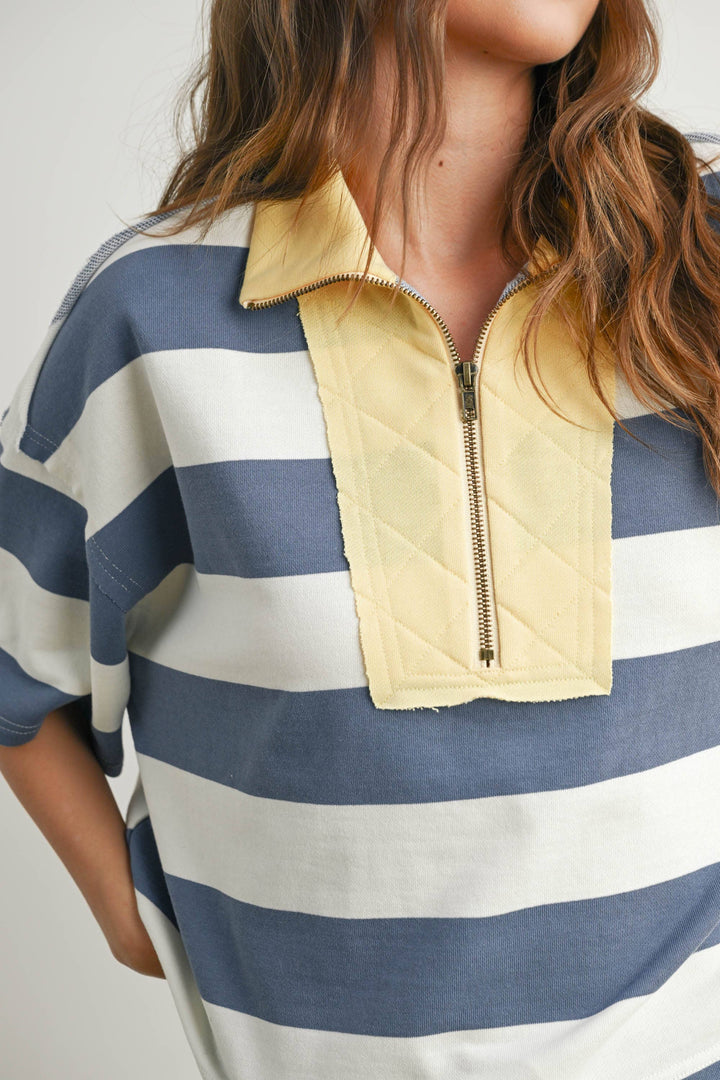 Oversized Striped Zip-Up Polo Shirt