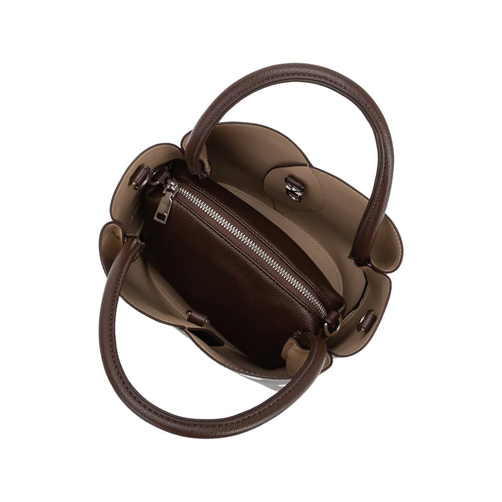 Top-down view of a dark brown leather handbag with a structured shape, dual top handles, and a zippered interior compartment, shown on a plain white background.