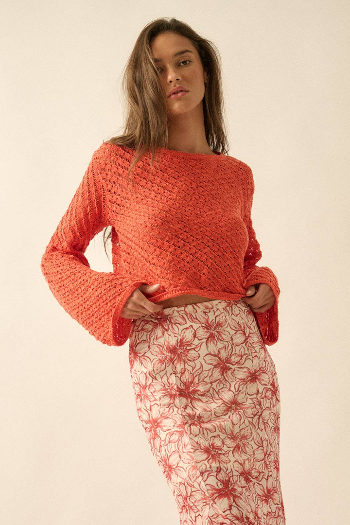 Cropped Crochet Bell Sleeve Sweater