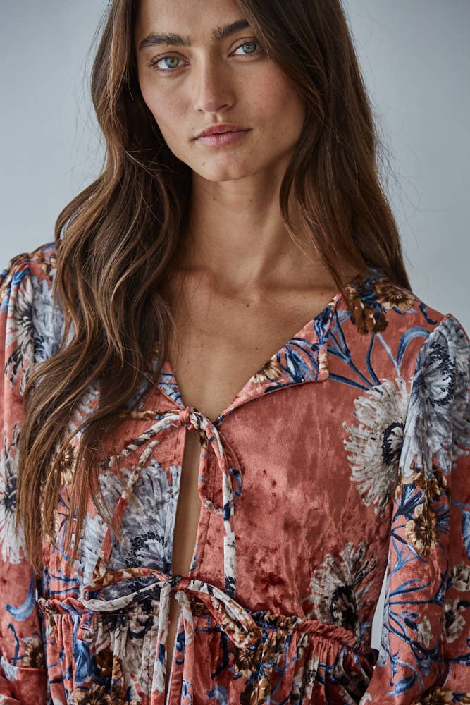 Velvet Floral Print Blouse