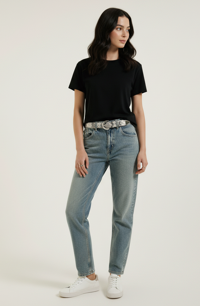 Woman wearing a black t-shirt, light blue jeans, python print leather belt, and white sneakers on a plain background