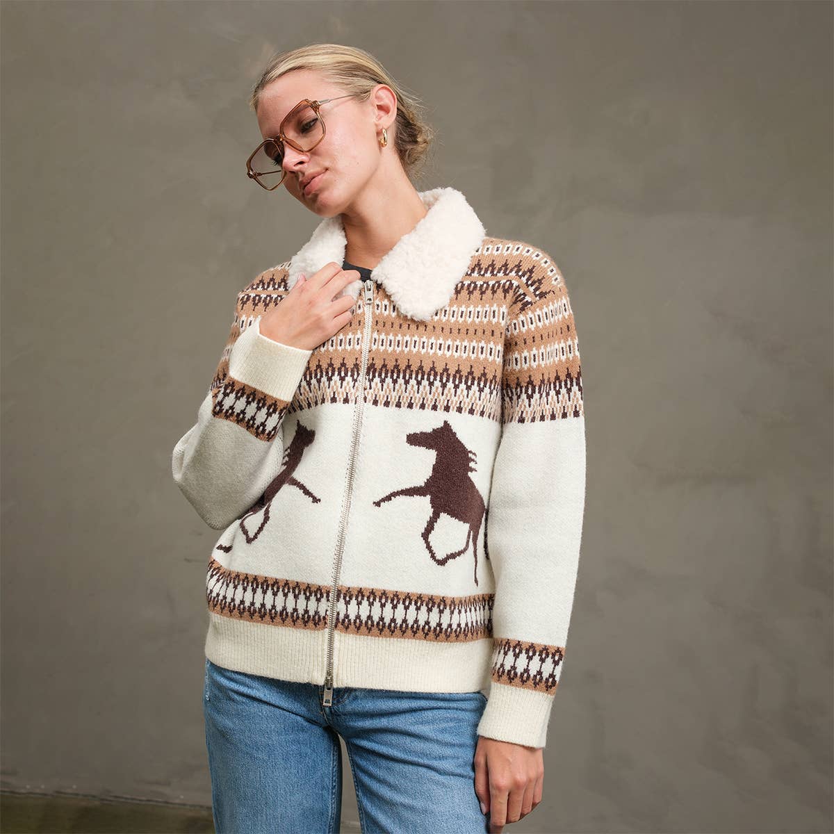 Western Horse Knit Zip-Up Jacket – Peridot