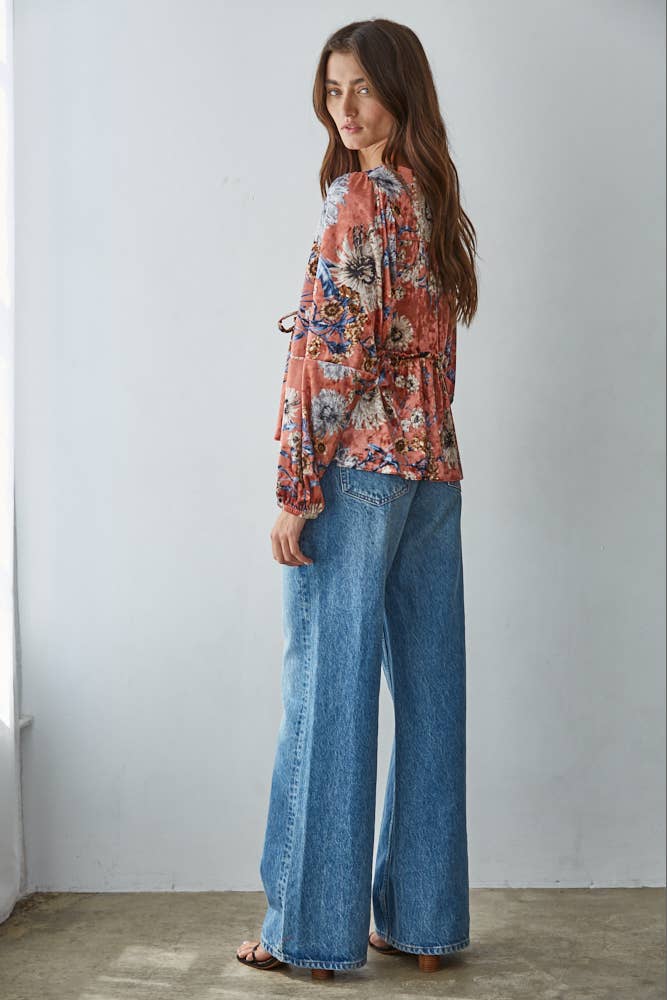 Velvet Floral Print Blouse