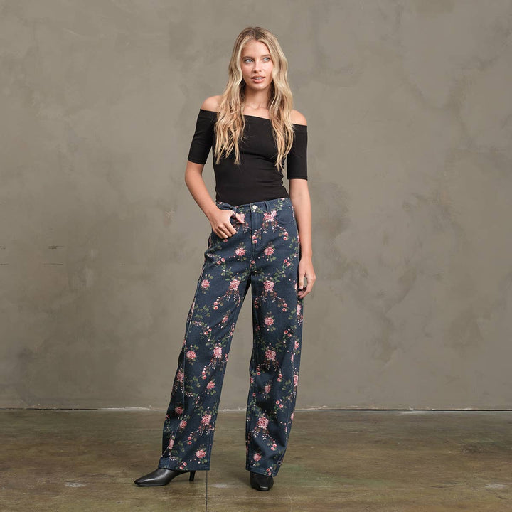 Floral Printed Barrel Leg Denim Pants