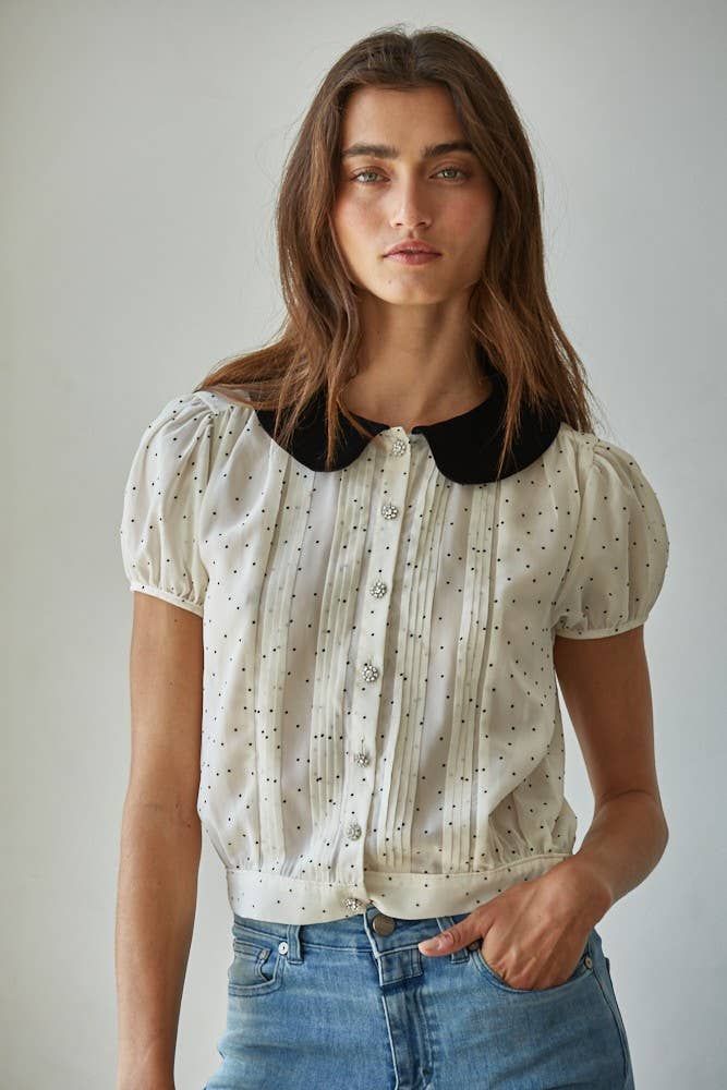 Chiffon Flocked Velvet Collar Dot Blouse