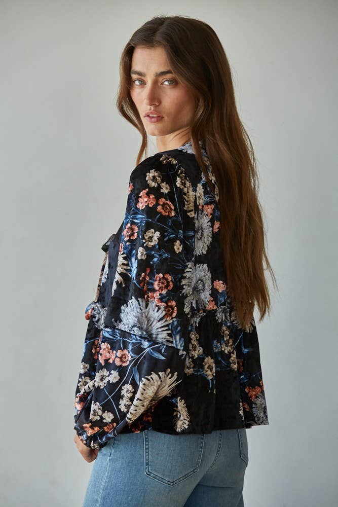 Velvet Floral Print Blouse
