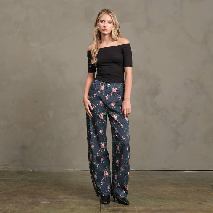 Floral Printed Barrel Leg Denim Pants