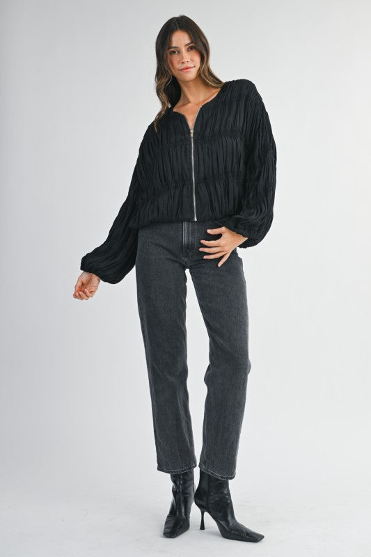 Pleated Balloon Sleeve Blouse Jacket