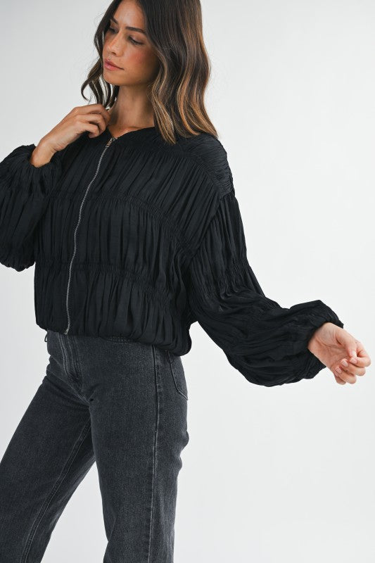 Pleated Balloon Sleeve Blouse Jacket