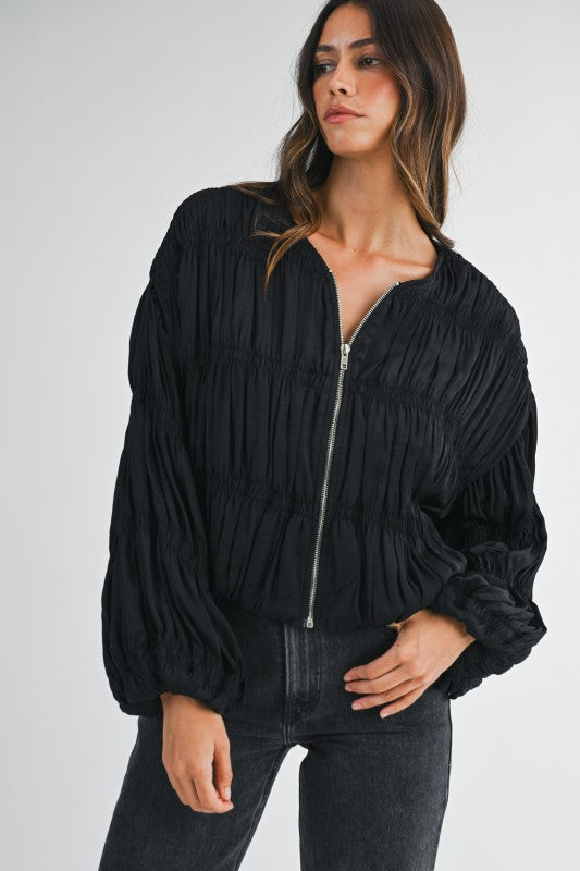 Pleated Balloon Sleeve Blouse Jacket