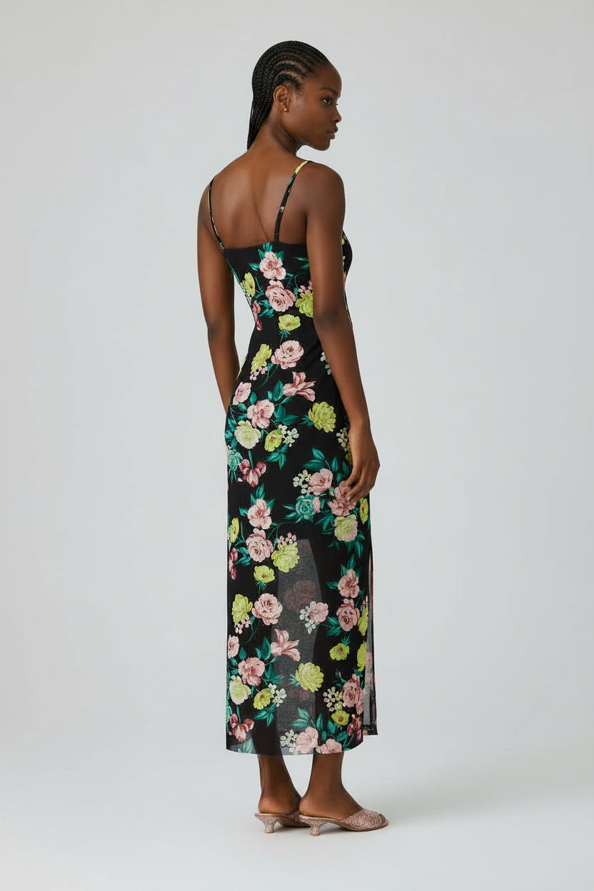 Woman wearing a floral dress on a white background
