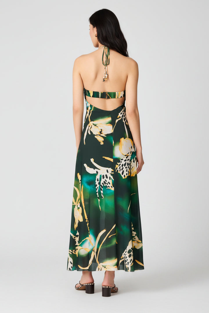 Woman wearing a floral long dress with a white background